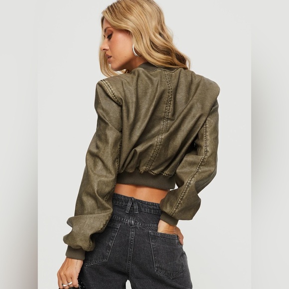 Lioness Jackets & Blazers - REVOLVE Coated Bomber Jacket Brown Ash Cropped Oversized LIONESS Faux Leather